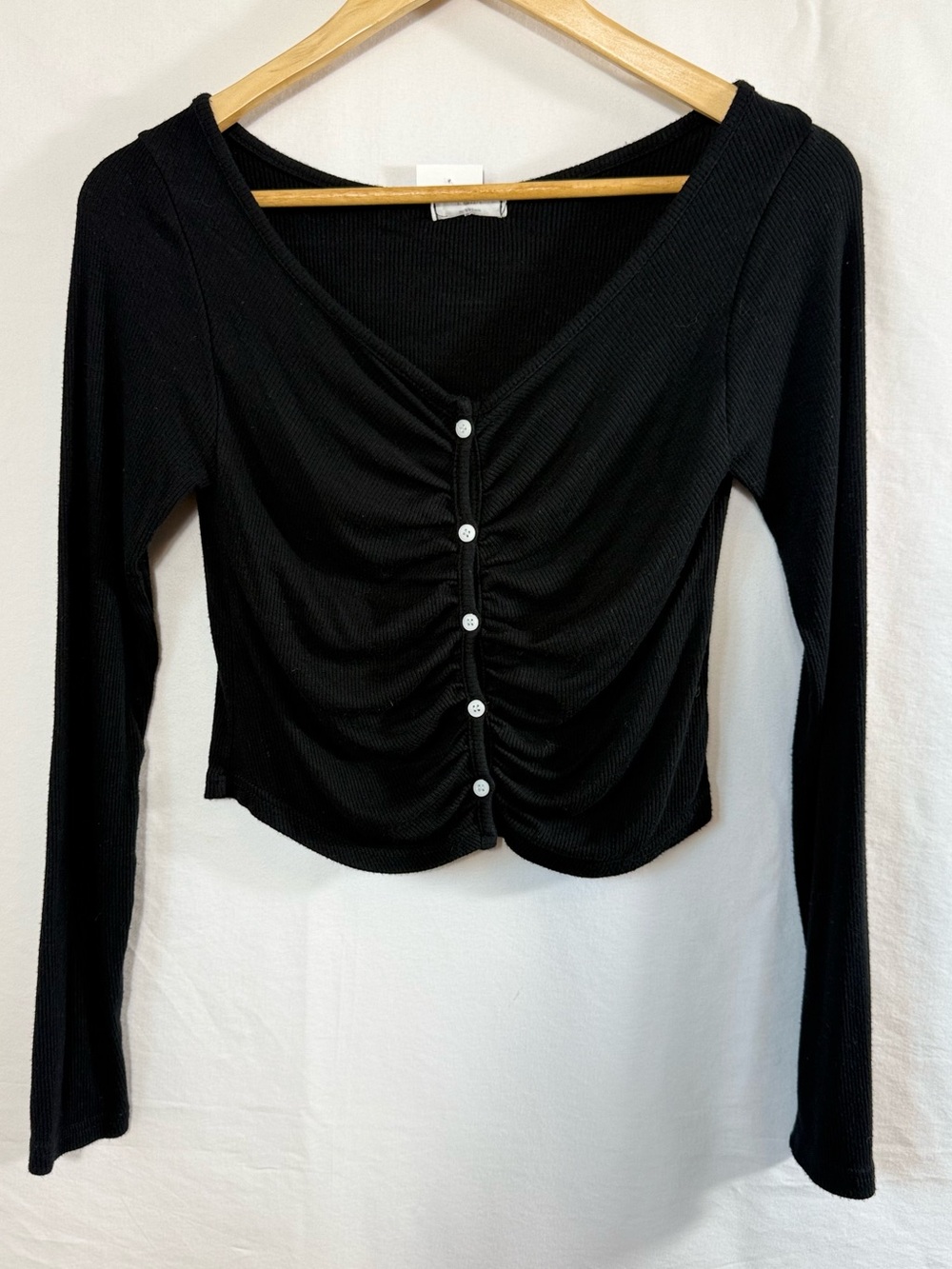 Lydia Black Ruched Button-Front Long Sleeve Top